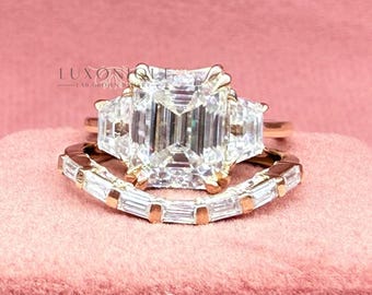 3Ct Emerald Cut Lab Grown Diamond Engagement Ring Set, Emerald Half Eternity Curved Wedding Band: Three Stone Bridal Set, Anniversary Gift
