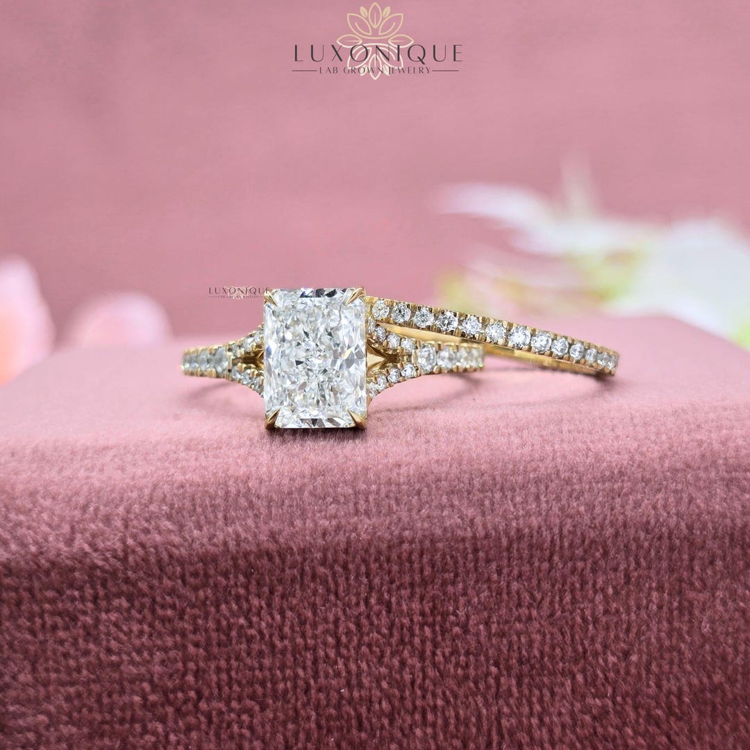 2CT Radiant Cut Lab Grown Diamond Split Shank Engagement Ring With Pavé ...