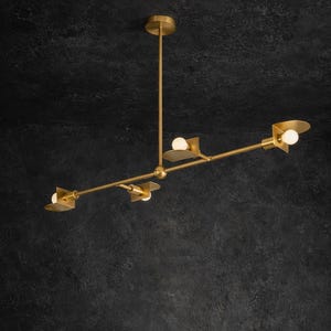 Modern Brass Linear Chandelier, 4-Light Mid Century Pendant, Minimalist Gold Hanging Lamp