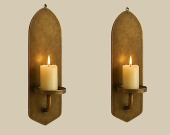 Set of 2 Handmade Brass Wall Candle Sconce: Boho Living Room Decor