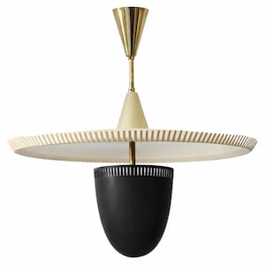 May include: A mid-century modern pendant light fixture. It features a brass-colored cone and stem, a cream-colored shade, and a black, bell-shaped bottom. The shade has a ridged edge.