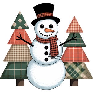 May include: A festive illustration of a snowman wearing a black top hat and a red and black checked scarf. The snowman has a carrot nose and black button eyes and mouth. Two checked Christmas trees flank the snowman, creating a holiday scene.