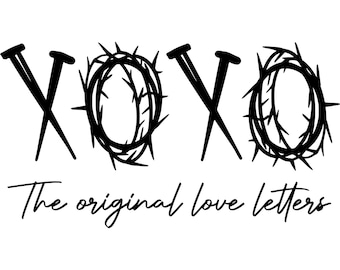 May include: Black and white graphic design featuring the letters XOXO, with the Os replaced by a crown of thorns. The text "The original love letters" is written below the letters.