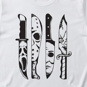 May include: White t-shirt featuring a black graphic of four knives, each representing a different horror movie character. The knives are vertically aligned, showcasing iconic slasher film villains.