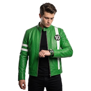 Superhero Ben 10 Green Cosplay Jacket, Alien Swarm Tennyson Leather Biker Coat, Handmade Halloween Costume