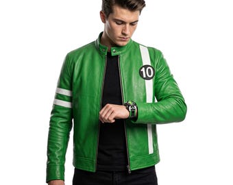 Superheld Ben 10 Grüne Cosplay Jacke, Alien Swarm Tennyson Leder Bikermantel, Handgefertigtes Halloween-Kostüm