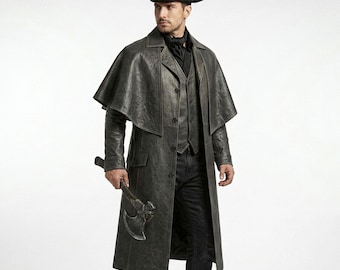 Handgefertigtes Bloodbeutel Jäger Kostüm, Gothic Leder Trenchcoat, Dark Fantasy Hunter Outfit