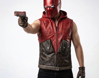 Red Hood Cosplay Vest, Jason Todd Arkham Knight Leather Biker Costume
