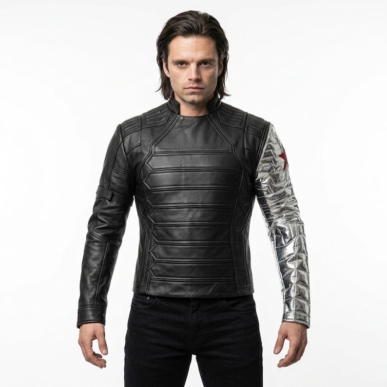 winter soldier cosplay, bucky barnes jacket, marvel cosplay, captain america, silver arm jacket, movie cosplay, tactical jacket men, comic con costume,, halloween superhero, sebastian stan, metal arm costume, MCU Cosplay, Vibranium Arm, comic con cosplay, superhero costume, avengers cosplay, captain America, cosplay jacket, superhero costume, bucky barnes costume, bucky jacket, silver sleeve jacket, Winter Soldier Costumes, Winter Soldier Outfit, Winter Soldier Bucky Barnes Jacket, falcon winter