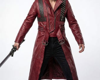 DMC 3 Dante Red Leather Trench Coat, Devil May Cry Cosplay Costume, Gaming Jacket