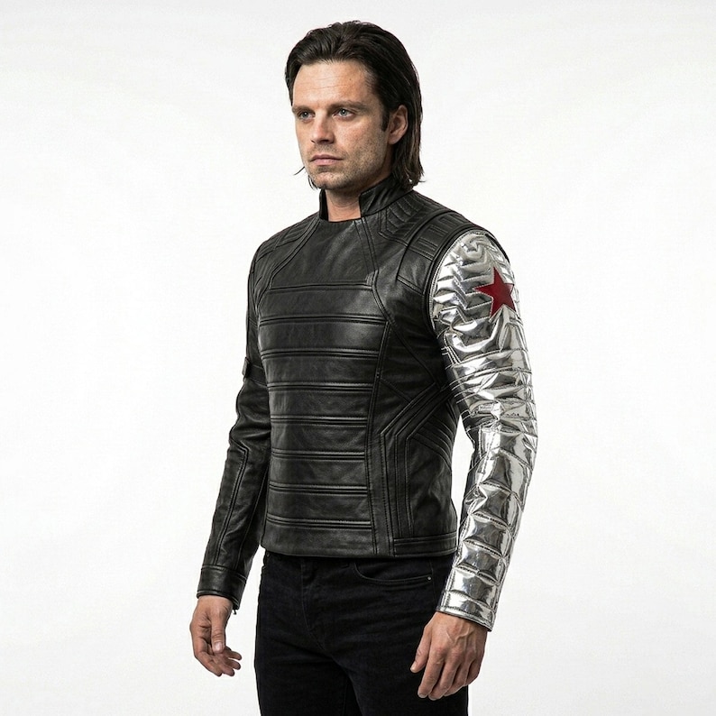 winter soldier cosplay, bucky barnes jacket, marvel cosplay, captain america, silver arm jacket, movie cosplay, tactical jacket men, comic con costume,, halloween superhero, sebastian stan, metal arm costume, MCU Cosplay, Vibranium Arm, comic con cosplay, superhero costume, avengers cosplay, captain America, cosplay jacket, superhero costume, bucky barnes costume, bucky jacket, silver sleeve jacket, Winter Soldier Costumes, Winter Soldier Outfit, Winter Soldier Bucky Barnes Jacket, falcon winter