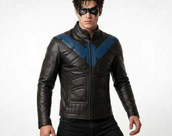 Chaqueta de cosplay de Nightwing hecha a mano, de piel de oveja de Arkham Knight, estilo Cafe Racer.
