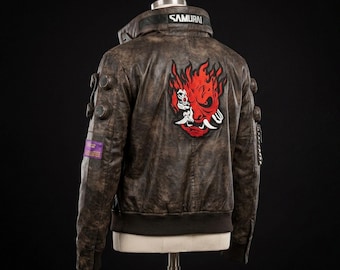 Cyberpunk V Samurai-jas, gaming cosplaykostuum met LED-kraag, handgemaakte futuristische leren bomberjas