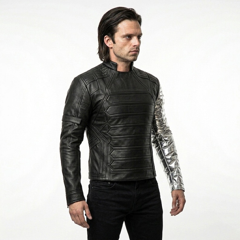 winter soldier cosplay, bucky barnes jacket, marvel cosplay, captain america, silver arm jacket, movie cosplay, tactical jacket men, comic con costume,, halloween superhero, sebastian stan, metal arm costume, MCU Cosplay, Vibranium Arm, comic con cosplay, superhero costume, avengers cosplay, captain America, cosplay jacket, superhero costume, bucky barnes costume, bucky jacket, silver sleeve jacket, Winter Soldier Costumes, Winter Soldier Outfit, Winter Soldier Bucky Barnes Jacket, falcon winter