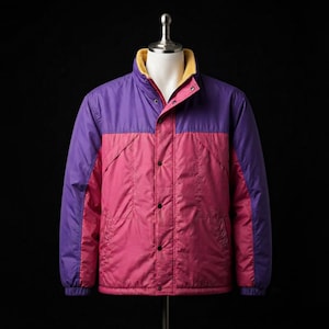 May include: A colour-blocked jacket featuring a vibrant purple upper section and sleeves, contrasted with a deep pink lower body. The jacket includes a high collar with a yellow interior lining, a front snap-button closure, and elastic cuffs.