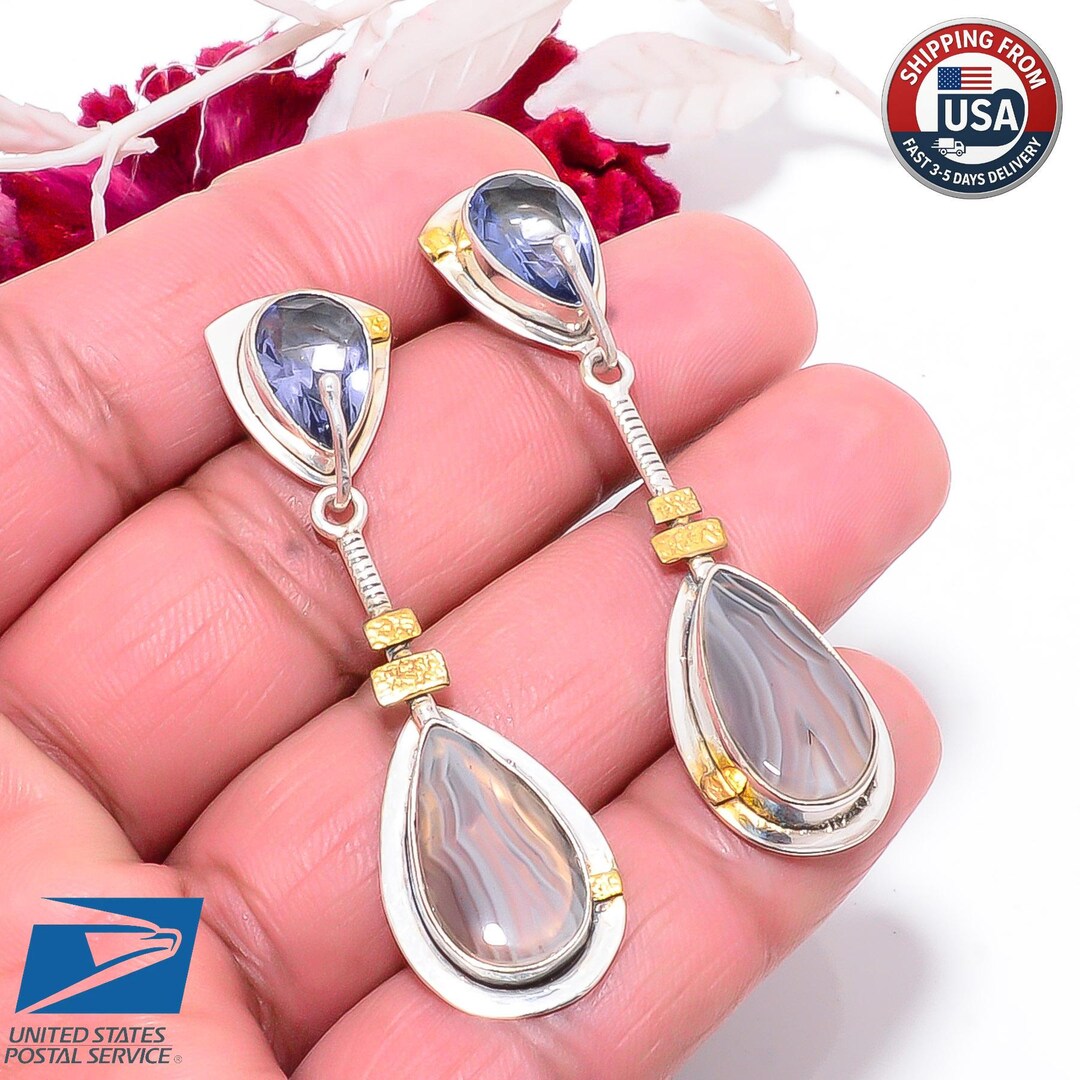 Handcrafted Banded Agate Earrings Drop 925 Solid Sterling Silver