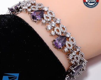 Bracelet tennis améthyste violette en argent sterling 925, pierre de naissance de février