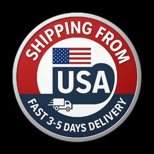 Peut inclure: Embl&egrave;me circulaire avec une bordure rouge et bleue, avec le texte "SHIPPING FROM USA" et un drapeau am&eacute;ricain. Le texte "FAST 3-5 DAYS DELIVERY" est &eacute;galement inclus, ainsi qu'un graphique d'un camion de livraison.