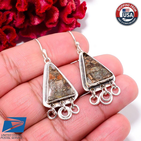 Copper Golden Sunstone Drop Dangle Earrings 925 Sterling Silver Designer Jewelry