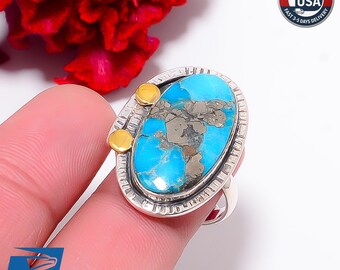 Kingman Turquoise With Pyrite Handmade Ring 925 Sterling Silver Blue Stone Jewelry