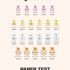 Peut inclure: Tableau des tailles de bagues de The Knot, pr&eacute;sentant les tailles de bagues de 3 &agrave; 13,5, avec les mesures correspondantes en millim&egrave;tres. Comprend un test papier pour mesurer la taille des bagues. Illustrations de bagues en diamant.