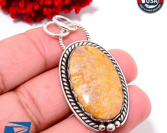 Pendentif artisanal en corail fossile en argent sterling 925, bijoux en pierre jaune