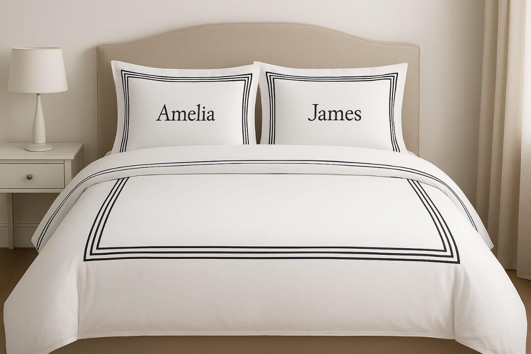 Pureflaxlinen Elegant Triple Border Full Name Monogram Duvet Cover ...