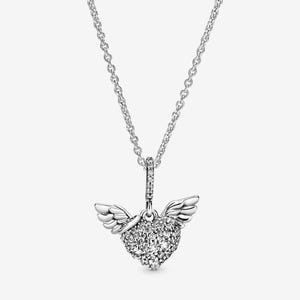 May include: A silver necklace featuring a heart-shaped pendant with sparkling stones and small wings. The pendant hangs from a delicate chain, creating a romantic and elegant accessory.