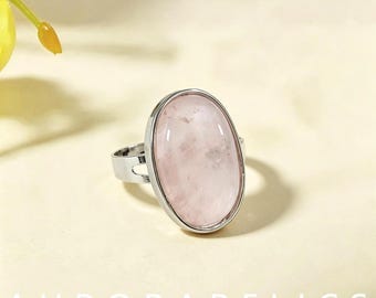 Ovale ring van rozenkwarts, verstelbare ring met zilveren rand, unisex statement sieraden