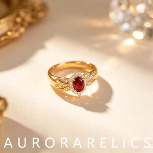 May include: A gold ring featuring a central oval-cut deep red gemstone surrounded by a halo of small white stones. The band is accented with wing-like motifs on both sides, each set with tiny white stones, creating a detailed and symmetrical design.