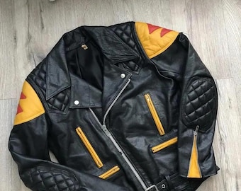 Handmade Black Leather Biker Jacket: Retro Quilted Moto with Yellow Red Accents