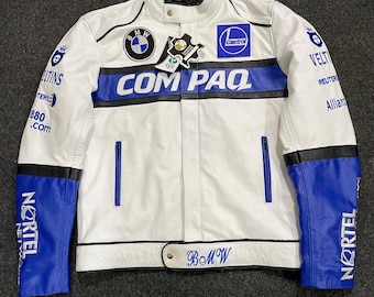 BMW Compaq Racing Cowhide Leather Jacket: Vintage Moto Style Blue White Motorcycle Gear
