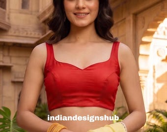 Rote ärmellose Bluse, Crop Top mit herzförmigem Ausschnitt, indische ethnische Partykleidung