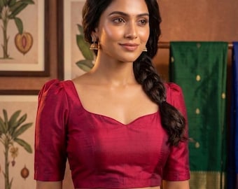 Designer Silk Saree Blouse, Sweetheart Neck Puff Sleeve, Indian Wedding Party Wear