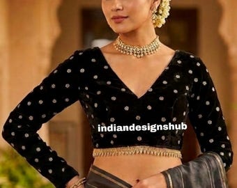 Black Velvet Embroidered Saree Blouse, Indian Designer Party Wear Choli