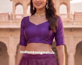 Purple Raw Silk Blouse Traditional Indian Crop Top Short Sleeve Handmade Lehenga Blouse