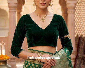 Green Velvet Saree Blouse, Deep V Neck, Three Quarter Sleeve Choli Top