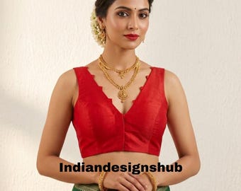 Red Silk V-Neck Saree Blouse, Sleeveless Indian Ethnic Crop Top , Party wear blouse