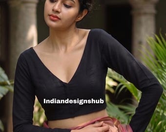 Black Silk Saree Blouse, Deep V Neck Long Sleeve, Readymade Ethnic Top