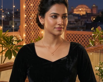 Black Velvet Saree Blouse, Deep U-Neck, Backless with Dori, Handmade Ready-to-Wear