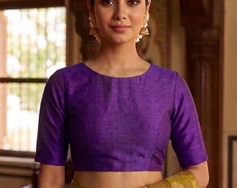 Purple Raw Silk Saree Blouse, Boat Neck, Short Sleeves, Back Open