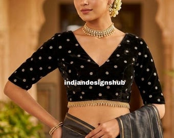 Black Velvet Saree Blouse, Embroidered Backless Tie-Up Crop Top