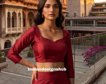 Red Silk Saree Blouse, Indian Ethnic Crop Top, Designer Party Wear, 3/4 Sleeves