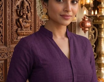 Purple Silk Saree Blouse, Boat Neck Elbow Sleeve, Readymade Festive Wear