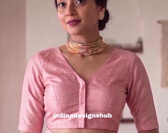 Pink Sami Silk V Neck Saree Blouse, Readymade Indian Party Wear