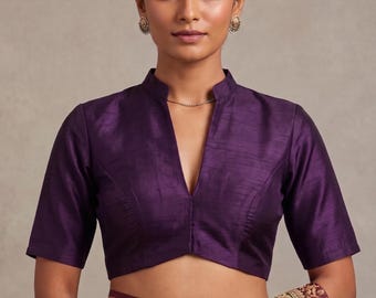 Purple Raw Silk Saree Blouse, Deep V-Neck, Short Sleeves, Front Open