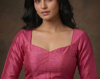 Pink Silk Saree Blouse, Deep V Back, Elbow Sleeves, Indian Wedding Choli