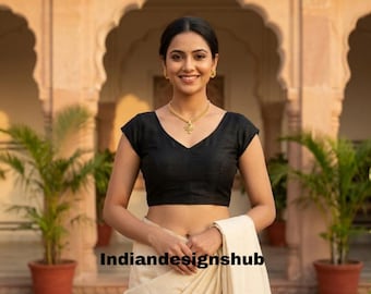 Bollywood Style Black Cotton Silk Saree Blouse | Short Sleeve Crop Top