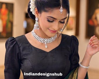 Black Cotton Silk Saree Blouse, Backless Puff Sleeve Ethnic Top