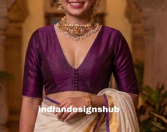 Purple Silk Saree Blouse, Deep V Neck, Traditional Indian Ethnic Wear